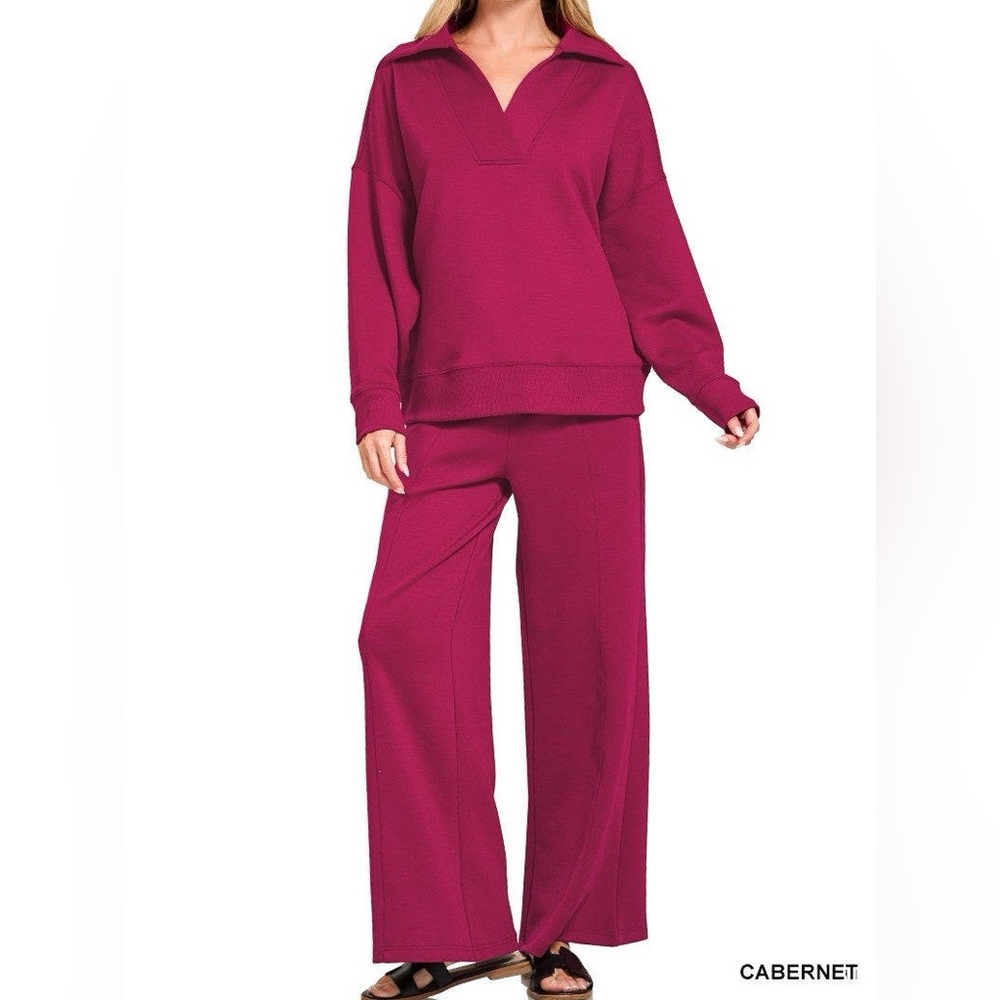 NWT Zenana Scuba Collared Pullover Pants lounge Set small large wine Cabernet
